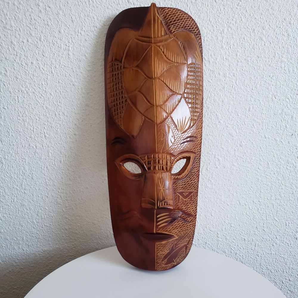 Large 18" Handcarved Totem Fuji Mask Polished One Piece Wood Cut Out Eyes